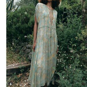 Zara Collection Long Printed Floral Maxi Dress Green Blue Size Medium